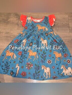 Girls' Blue Horse Print Dress with Coral Sleeves
